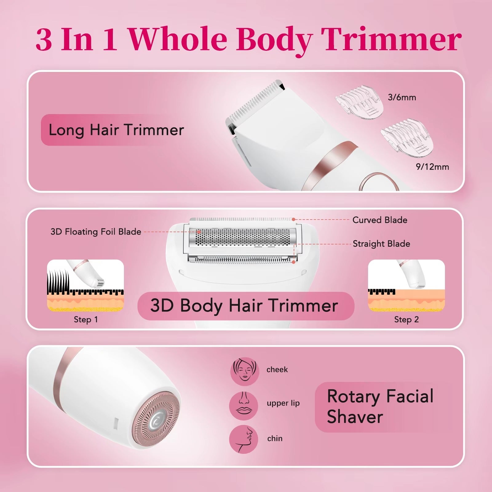 3-in-1 Women's Waterproof Body & Facial Trimmer – Rechargeable Cordless Grooming Kit