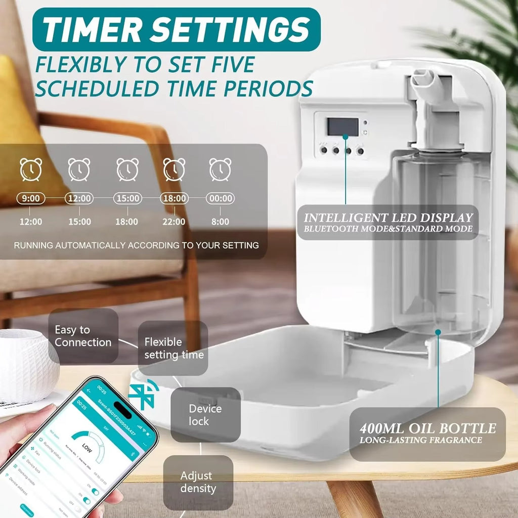 Smart Bluetooth Scent Diffuser for Home & Business – Waterless Essential Oil Aroma Diffuser with Timer Control